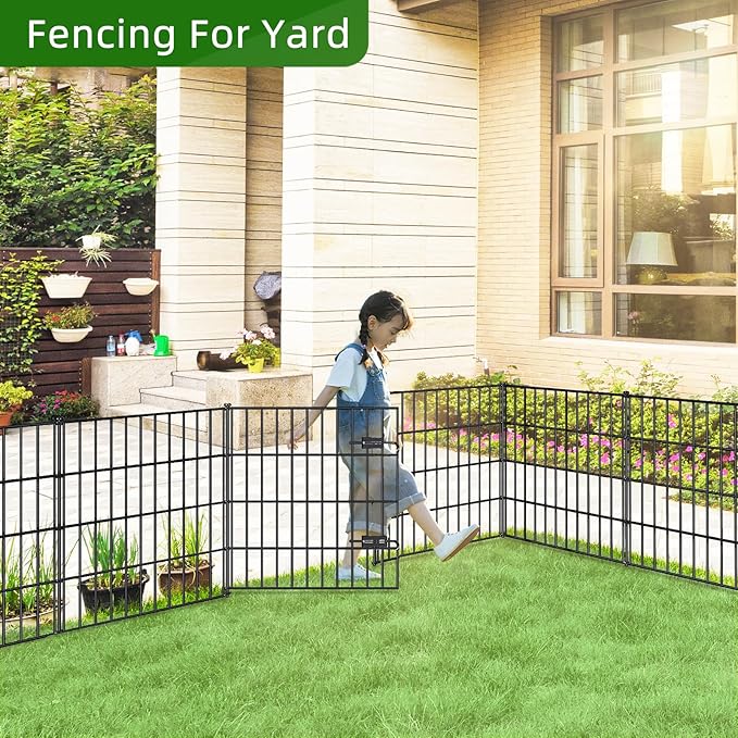 Metal Garden Fence 28in (H) x 35ft (L), 1 Gate + 14 Panels Dog Fences Border Fence Animal Barrier, No Dig Garden Fencing for Yard Flower Bed Lawn Patio Outdoor, PIN282815G Black