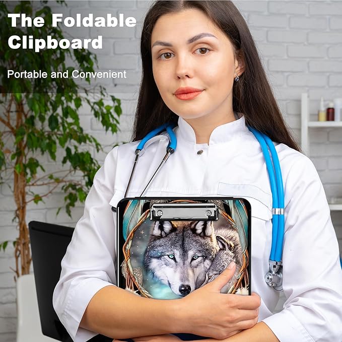 Dream Catcher Wolf Heavy Duty Foldable Plastic Storage Clipboard with Low Profile Clip, Coaches Clipboard Case for Work, Teacher, Office, School Supplies