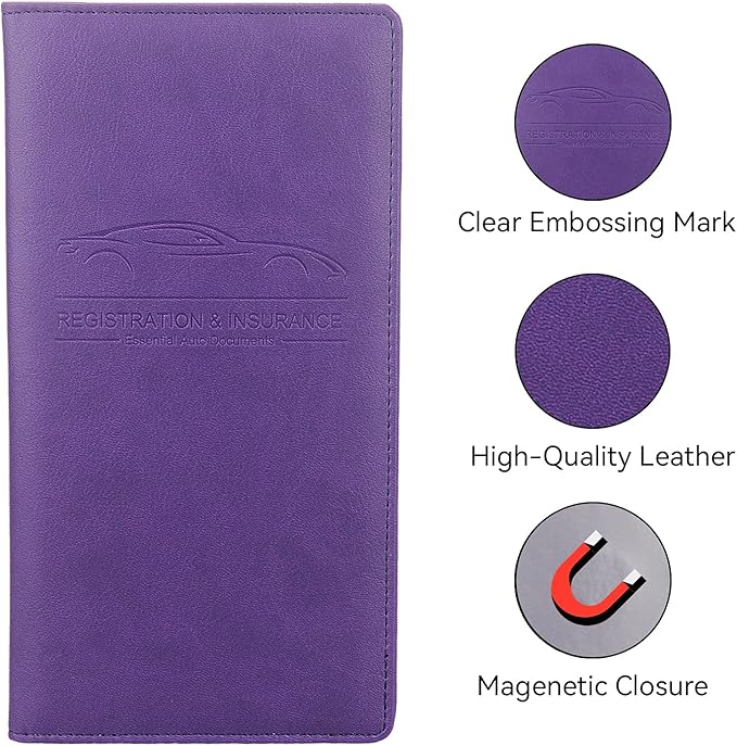 Car Registration and Insurance Holder, Premium Pu Leather Vehicle Glove Box Organizer - for Driver License, Cards & Essential Documents (L-Purple)