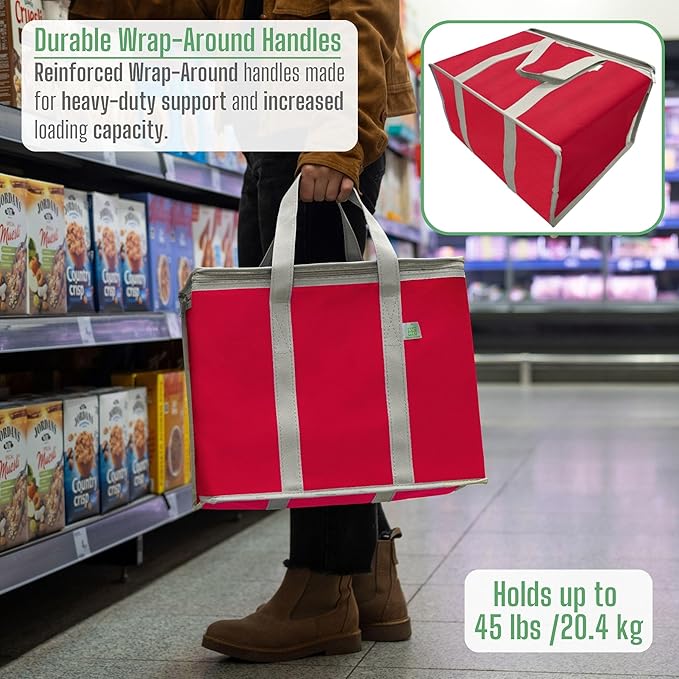 VENO 3 Pack Cooler Bag and Insulated Grocery Bags for Food Delivery, Collapsible Cooler, Reusable Shopping Bags for Groceries with Zipper, Foldable, Heavy-Duty, Stands Upright (Red, 3 Pack)