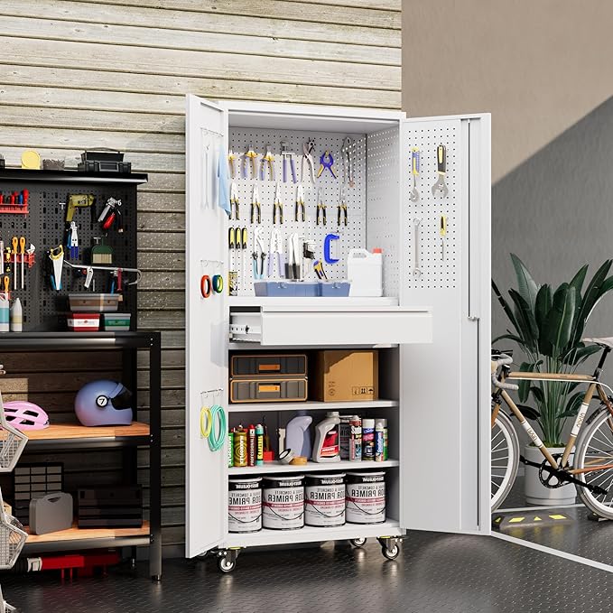 SUXXAN 71" Metal Garage Storage Cabinet with 16 Hooks and Pegboards,1 Drawer Inside Rolling Tool Storage Cabinet with Adjustable Shelves,3 Metal Hanging Rod for Garage,Warehouse(White)