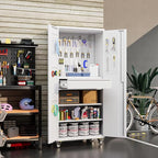 SUXXAN 71" Metal Garage Storage Cabinet with 16 Hooks and Pegboards,1 Drawer Inside Rolling Tool Storage Cabinet with Adjustable Shelves,3 Metal Hanging Rod for Garage,Warehouse(White)