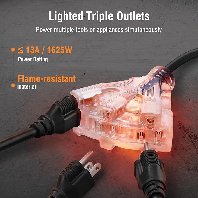 SURAIELEC 12 Gauge Extension Cord Reel, 60 FT Retractable Extension Cord, 12 AWG/3C SJTOW Heavy Duty Power Cord, 13 AMP Circuit Breaker, Lighted Triple Tap, Ceiling or Wall Mount, ETL Listed, Orange