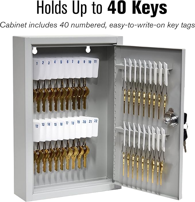 BankSupplies Fort Knox Key Holder Cabinet - 40-Key Cabinet - 40 Easy-to-Write-On Key Tags - Piano Hinged Door - Standard Keyed Lock - Steel Construction - Key Lock Box