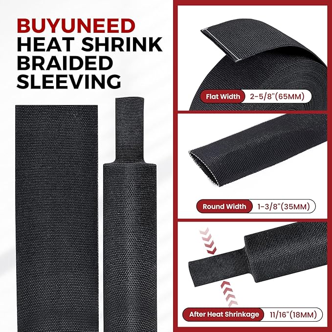 Heat Shrink Wire Loom 2:1 Shrinkable Braided Cable Sleeve 1-3/8 Inch ID-46ft Abrasion Protection Flexibility Fabric Wiring Harness Cover Sheath