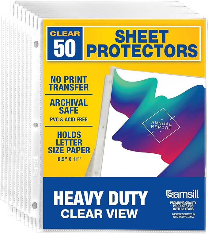 Samsill Heavy Duty Sheet Protectors for 3 Ring Binders, 8.5 x 11 Clear Page Protectors, Plastic Sleeves & Report Covers, Acid Free Archival Safe Document Protectors