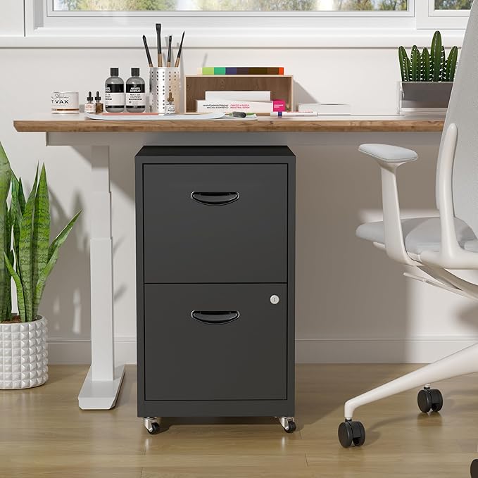 2 Drawer Mobile File Cabinet with Lock, Metal Filing Cabinets with Wheels, Black Rolling Storage Cabinet, Under Desk Vertical File Cabinet for Home Office, Lockable Steel Two Drawer for Letter Size