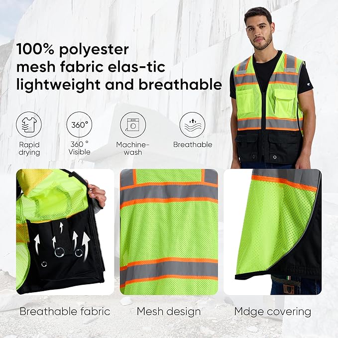 SRsafety High Visibility Vest, Security Vest with 9 Pockets,Mesh Safety Vest for Construction Workers Sanitation Workers