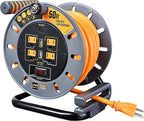 Masterplug 50ft Cord Reel, Retractable Extension Lead with Winding Handle, Safety Overload Circuit Breaker and Power Switch, 4x Grounded Outlets, 2x USB Ports, 15amps, 12AWG Cable