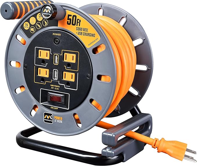 Masterplug 50ft Cord Reel, Retractable Extension Lead with Winding Handle, Safety Overload Circuit Breaker and Power Switch, 4x Grounded Outlets, 2x USB Ports, 15amps, 12AWG Cable