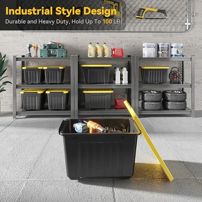 Nazhura 97 Quart Plastic Storage Bin, Stackable and Nestable Storage Boxes with Yellow Lids and Secure Latching Buckles, Large Storage Container (Black/Yellow, 97Quart-6Pack)