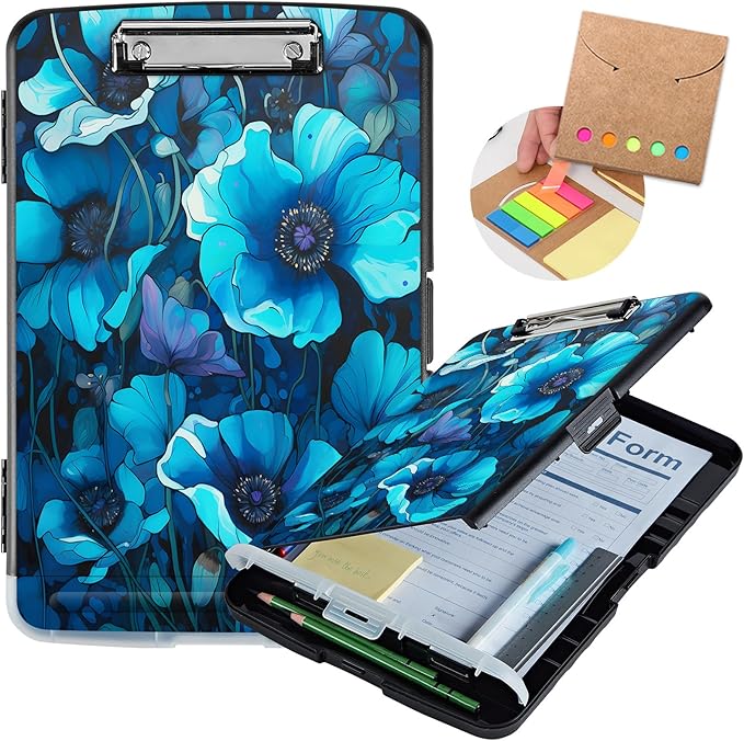Clipboard with Storage,Storage Clipboard with Pen Holder,Heavy Duty Plastic Storage Clipboard with Low Profile Clip, Clipboard Folder, Teacher Must Haves, Office Supplies,Blue Flowers
