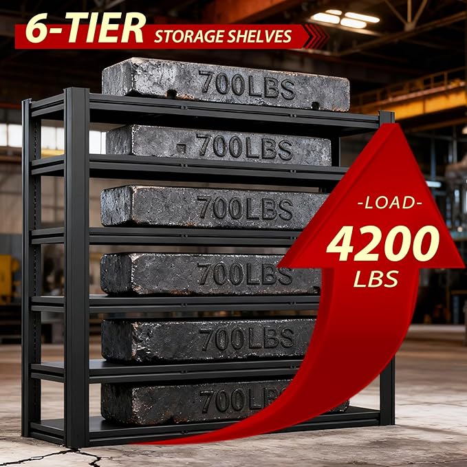 Metal Storage Shelves Unit,6-Tier Adjustable Heavy Duty Garage Shelving,4200LBS Garage Storage Industrial Shelves,Storage Racks,Steel Shelf Suitable for Shop,Warehouse,Basement