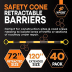 Retractable Barrier for Safety Traffic Cones - 2" OD - Large Yellow and Black Bar Barricade - for Road Construction, Parking, Warning, Temporary Security Divider (40, Yellow & Black, 72" x 120")