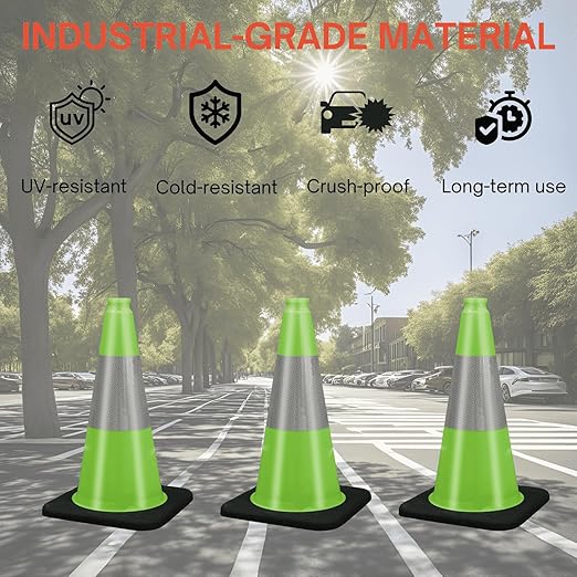 18" Traffic Safety Cones Road Cones, Construction Cone with Rubber Base & Reflective Collars, Restorable Parking Cones, Heavy Duty Road Cones for Traffic Control & Road Safty(8 Pack-Green）