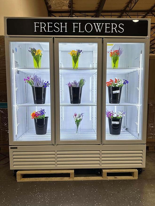 Commercial Refrigerator Floral Beverage Display Cooler,3 Glass Doors Commercial Flowers Fridge With LED Light Adjustable Shelves,ETL Approval,71" Wide,63.5 Cuft,White,(Wheel Included)