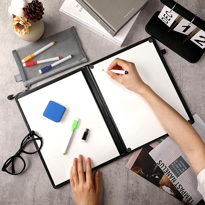 6 Sides Whiteboard Notebook Portable Whiteboard Dry Erase Notebook Portable Dry Erase Board Double Sided Folding Whiteboards White Board for Office Study Meeting (Black,A4: 9"×12”)