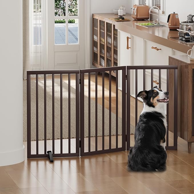 Dog Gates for Doorways, Tall Dog Gate Indoor, Foldable Pet Gates for Doorways Bedroom, Freestanding Puppy Gate with Metal Support Feet, Room Divider,3 Panels (Brown)