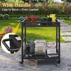 300LBS Heavy Duty Service Utility Cart on Wheels, Metal Rolling Utility Cart with Fences, 2-Tier Service Carts for Garage Garden Warehouse Tool House, Black, 360° Swivel, Ergonomic Handle, Sturdy