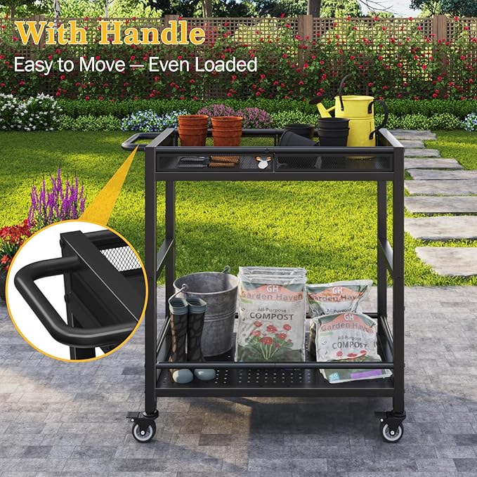300LBS Heavy Duty Service Utility Cart on Wheels, Metal Rolling Utility Cart with Fences, 2-Tier Service Carts for Garage Garden Warehouse Tool House, Black, 360° Swivel, Ergonomic Handle, Sturdy