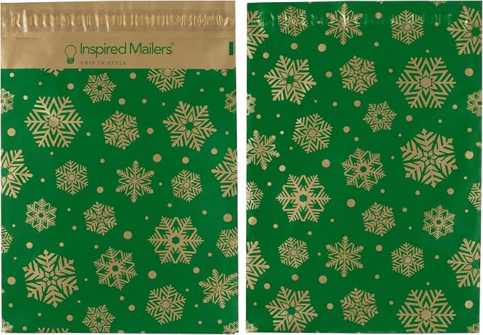 Inspired Mailers - Poly Mailers 14.5 x 19-50 Pack - Gold Snowflakes (Green) - Winter Shipping Envelopes - Large Mailing Bags - Packing Bags for Shipping