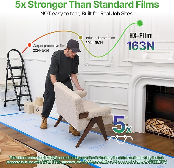 39" x50' Heavy-Duty Floor Protection | Construction Grade Carpet Protector | Drop Cloth Plastic Film for Hardwood Floors | Waterproof Painters Covering with No Residue(Ice Blue)