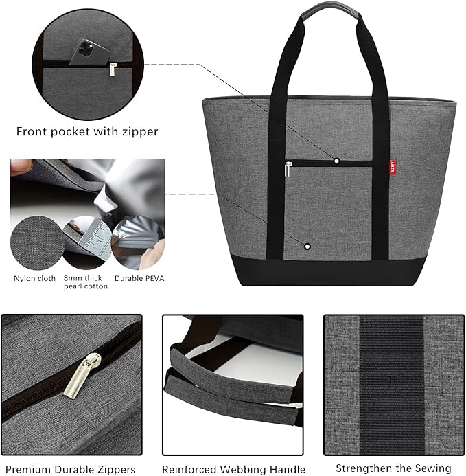 LHZK Jumbo Insulated Cooler Bag with HD Thermal Insulation - Collapsible Leakproof Insulated Tote Bag with Zippered & Handles, Soft Cooler Makes a Perfect Grocery, Beach, Travel, Picnic (50L, Grey)