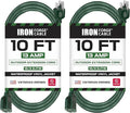 Iron Forge Cable 2 Pack Weatherproof 10 Ft Outdoor Extension Cord - 16/3 SJTW Heavy Duty Green Extension Cord 3 Prong - 13 Amp Exterior Power Cable