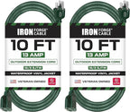 Iron Forge Cable 2 Pack Weatherproof 10 Ft Outdoor Extension Cord - 16/3 SJTW Heavy Duty Green Extension Cord 3 Prong - 13 Amp Exterior Power Cable