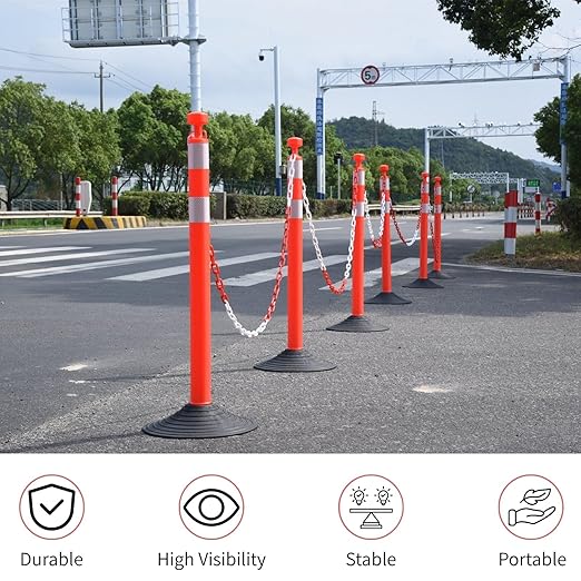 6 Pack Traffic Delineator Post Cones with Plastic Chain Crowd Control Barriers - Expandable 40" Traffic Control Cones, 6 x 6.6 Ft Chains for Indoor & Outdoor Use (Red-Rubber Base)