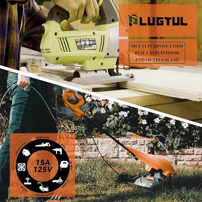 PLUGTUL 10 Gauge Extension Cord 100FT, Black Outdoor Extension Cord with Lighted End, Heavy Duty,15A 1875W SJTW, ETL Listed