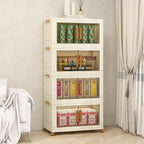 Plastic Stackable Storage Bins with Lids and Wheels, 148.8QT-37.2QT*4Tier Foldable Storage Containers and Collapsible Clear Storage Cabinet with Doors Ivory White