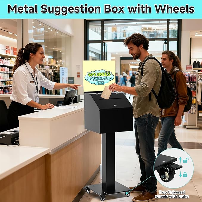Suggestion Box with Stand, Heavy Duty Metal Floor Standing Offering Box with Lock and Key, Ballot Box with Sign Holder for Voting, Charity, Church and Event Fundraising