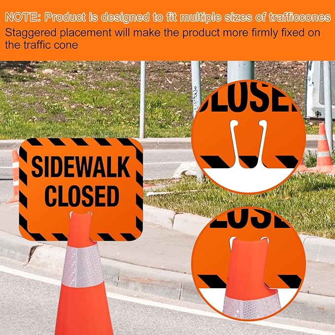 6 Pcs Plastic Sidewalk Closed Sign Bulk for Traffic Cones Top Road Warning Signs 10.4" Height x 12.6" Width x 0.05" Thickness for Outdoor Barricade Construction Caution