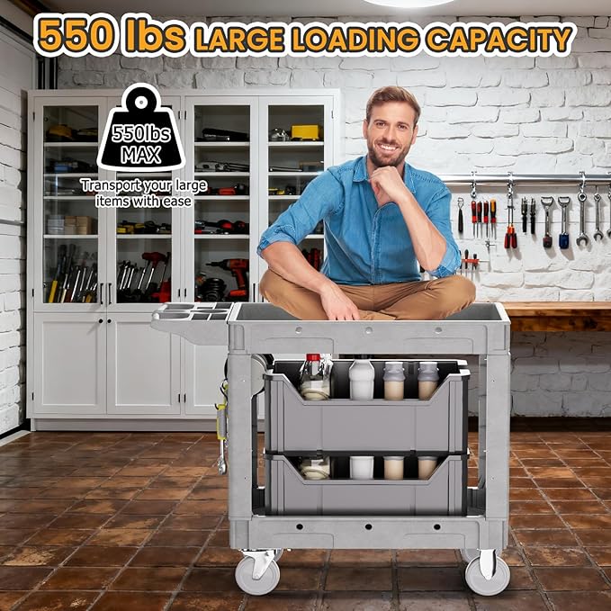 2-Tier Rolling Tool Cart,Heavy-Duty Plastic Service Cart with Lipped Shelves,550 lbs Capacity Utility Cart,40 x 17 Inch Rolling Work Carts for Garage,Salon,Kitchen,Office-Gray