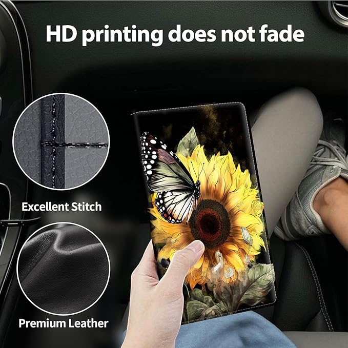 Car Registration and Insurance Holder, Leather Car Glove Box Organizer, Cool Car Accessories for ID, Driver's License Cards & Essential Document,business cards,Men&Women,Sunflowers Butterfly