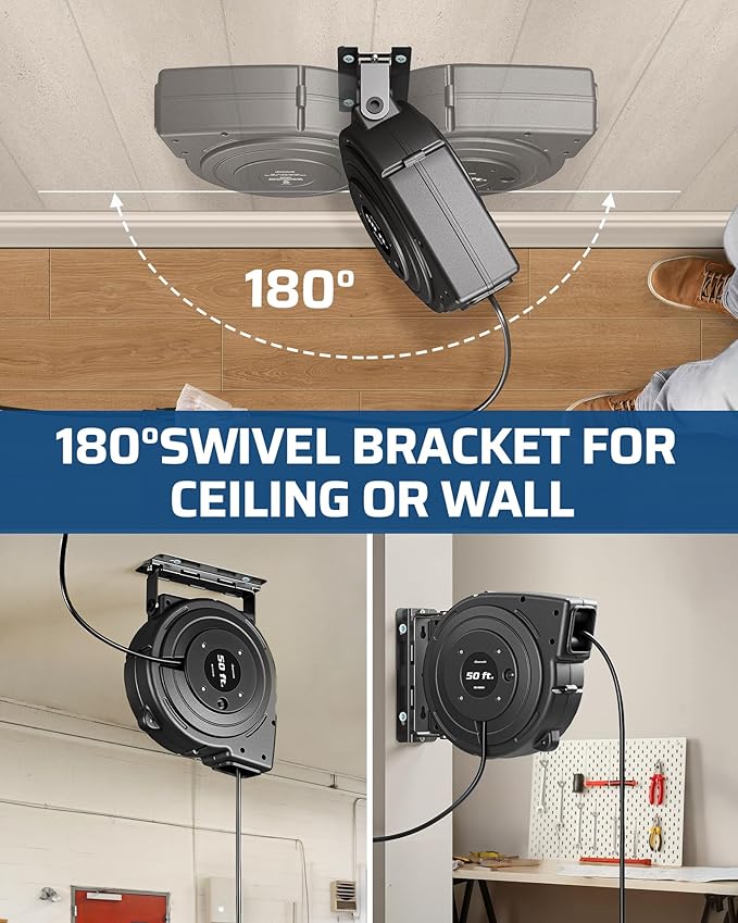 DEWENWILS Retractable Extension Cord Reel, 50FT Heavy Duty Power Cord, 14/3AWG SJTOW, Lighted Triple Tap Outlets, 13 Amp Circuit Breaker, Ceiling/Wall Mount, UL Listed