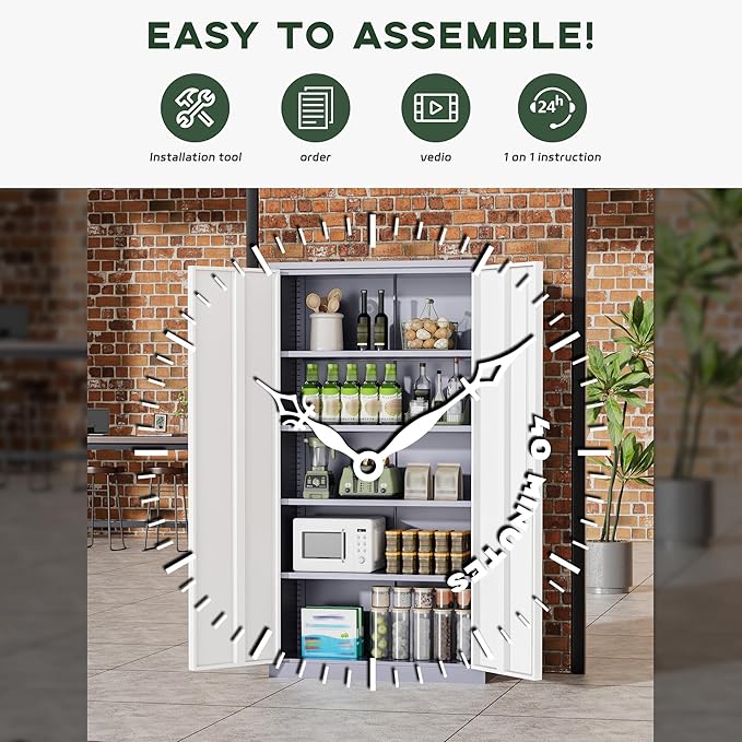 Greenvelly Metal Storage Cabinet with 2 Doors and 4 Adjustable Shelves, Lockable Steel Tool Cabinet for Home, Office, Garage, Classroom (Grey White)