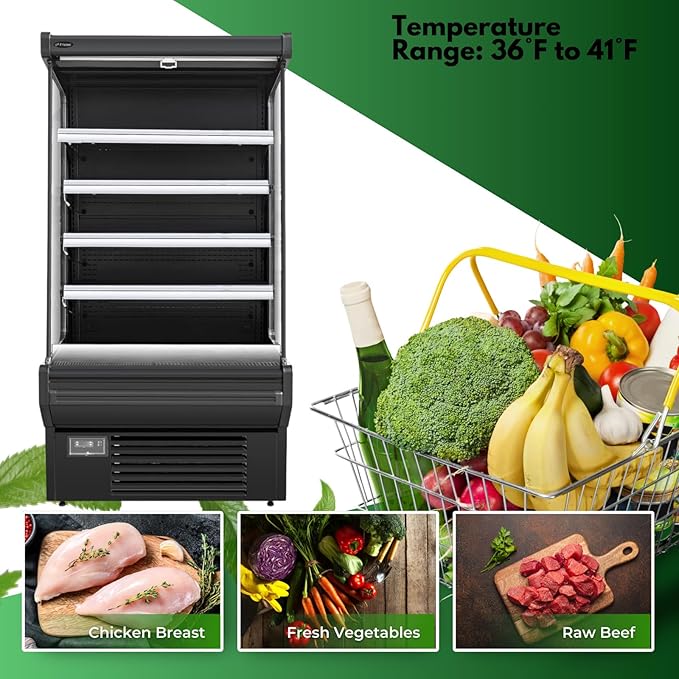 52" Display Refrigerators Open Air Food Refrigerated Display Case for Commercial Bakery Pastry Refrigerated Upright Display Cooler Case for Stores, Supermarkets, Bar, Shops, 36~41℉, Black