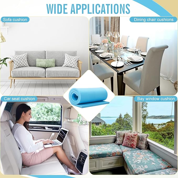 Frienda 2 Pcs Upholstery Foam 1" x 24" x 72" High Density Cushion Blue Polyurethane Craft Foam Padding for Seat Replacement DIY Projects Chairs Headboards Sofas Home