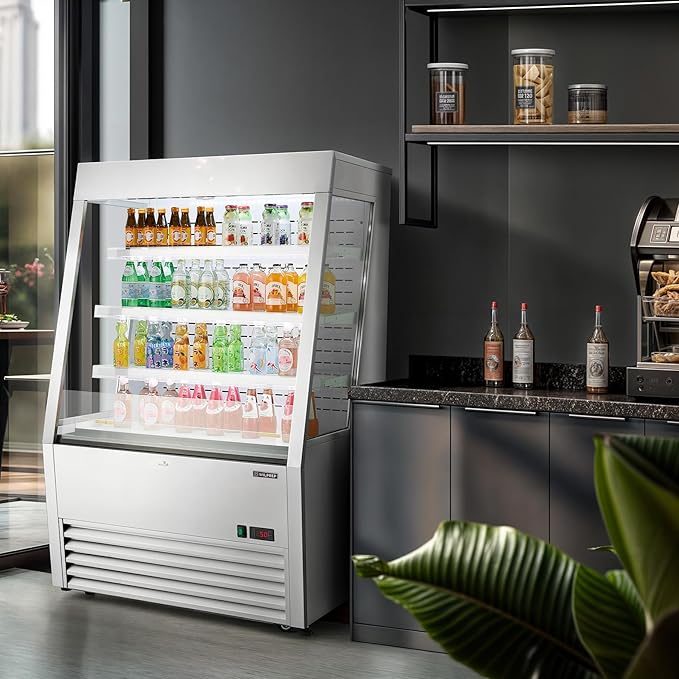 Wilprep Commercial Display Refrigerator, 36" Open Air Merchandiser with 12.2 cu. ft. Volume LED Lighting Night Curtain, Grab and Go Display Refrigerator Showcase for Store Cafe Bar Shop