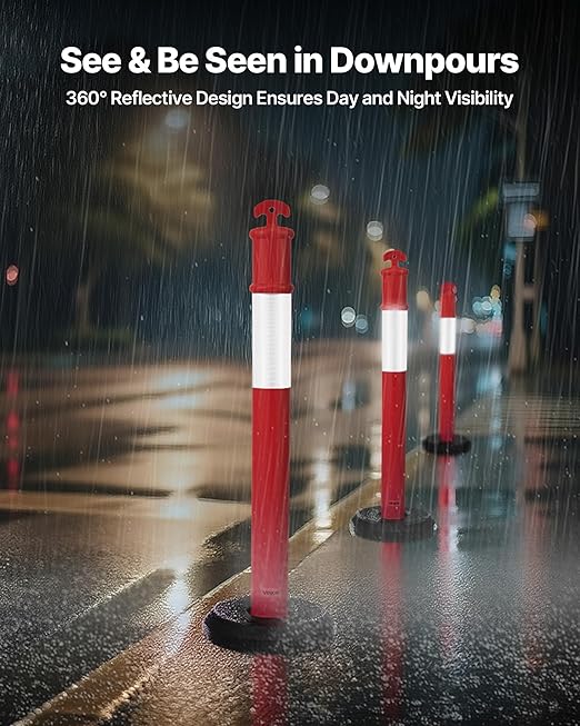 VEVOR 3 Pack Traffic Delineator Posts, 48 inches Traffic Safety Cones with Fillable Base and Reflective Strips, Heavy Duty Delineator Posts for Construction Site, Parking Lot, Crowd Control, Red