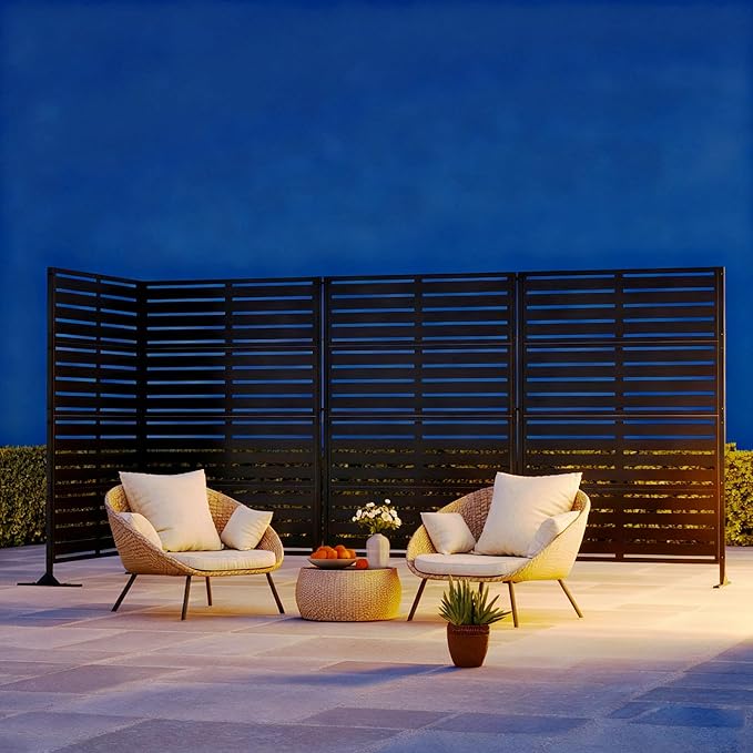 Modern Shade Metal Privacy Screen 72" H x 48" W, Freestanding Decorative Outdoor Privacy Fence Panels for Instant Privacy & Space Division, Patio Screens for Patios Outside Outdoor, Black, 4 Panel