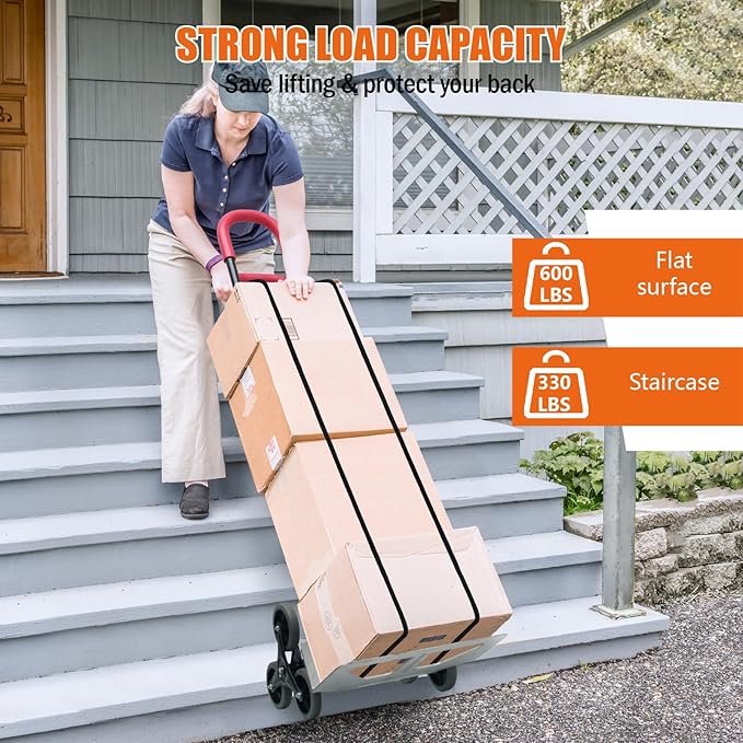 Aluminum Stair Climbing Cart, 600 lbs Capacity Stair Climber Hand Truck Dolly, 2 in 1 Heavy-Duty Trolley Cart with Dual Handles, 6 Wheels & 2 Elastic Ropes for Home Shopping Moving Warehouse