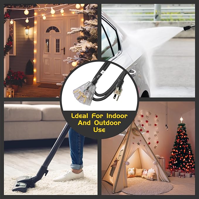 3-Outlets Indoor Outdoor Extension Cord Weatherproof with Lighted End, UL Listed, 10 Gauge 20FT Black 3 Prong Heavy Duty, 10/3 SJTW 15A Power Cord