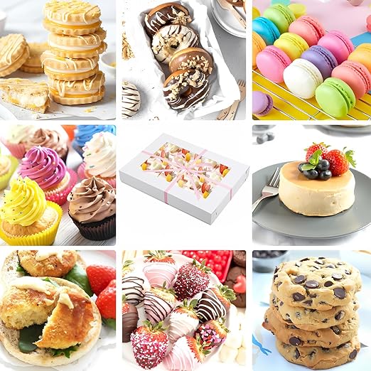 5 Set Corrugated Full Sheet Window Cake Box 26x18x4 Inch with Cake Board and Pink Satin Ribbon Heavy Duty Large Rectangle Bakery Boxes with Window White Bakery Boxes for Packaging Cupcake