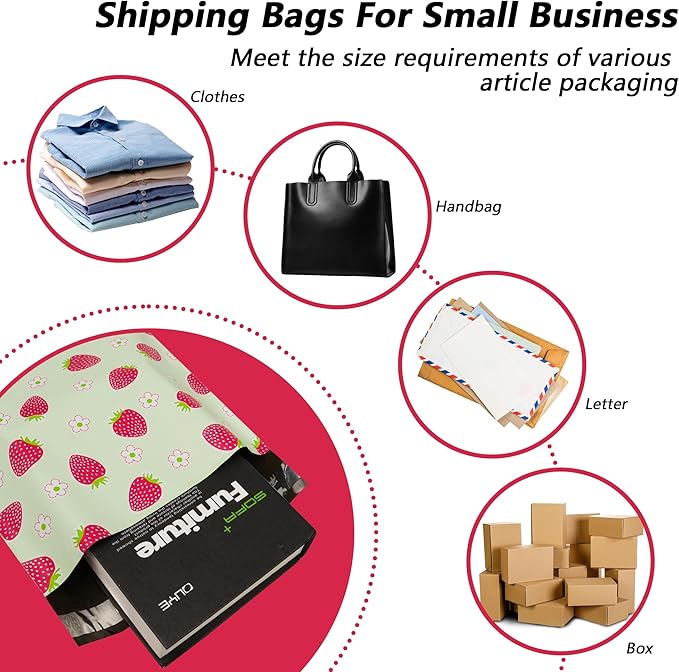Poly Mailers 12x15.5 Inch 50 Pcs - Strawberries printed Shipping Bags, 2.4mil Thickness, Waterproof and Tear Resistant Mailing Envelopes, Self-Sealing Packaging Bags for Small Business