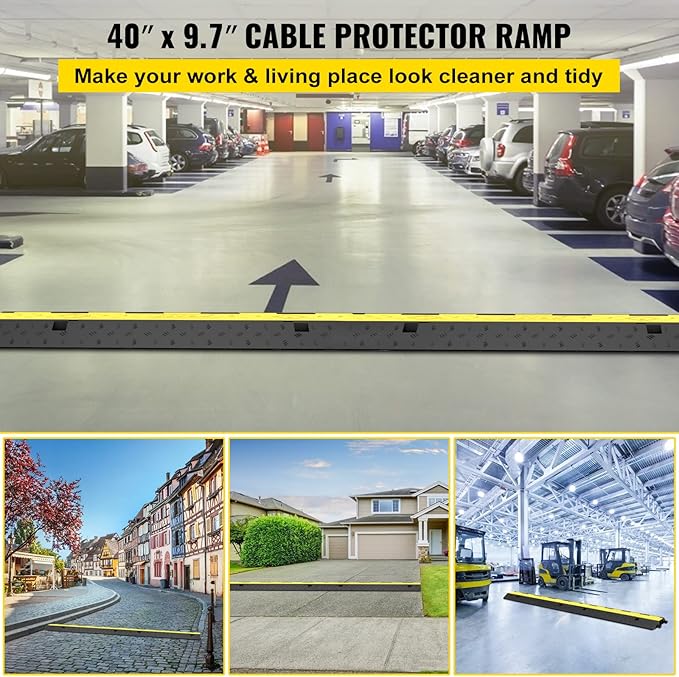 VEVOR 3 PCs Rubber Cable Protector Ramp, 2 Channel, 11000 lbs/axle Capacity Heavy Duty Hose Wire Cover Ramp Driveway, Traffic Speed Bump w/Flip-Open Top Cover, for Indoor&Outdoor