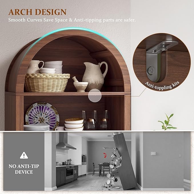 79.9" Tall Arched Storage Cabinet, 6-Tier Pantry Cabinet with Fluted Doors, Arch Kitchen Pantry with Open & Adjustable Shelves, Versatile Cupboard for Dining Room, Living Room, Walnut