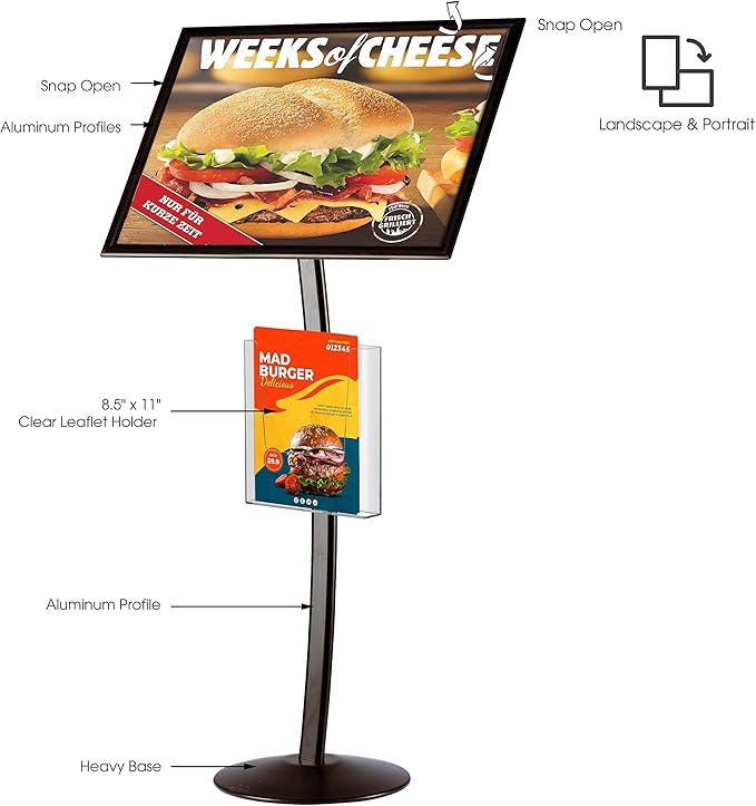 M&T Displays Curved Menu Board 18x22 Inch Pedestal Sign Holder with 8.5x11 Inch Brochure Holder Black Floor Standing Aluminum Front Loading Easy Open Poster Message Advertisement Post